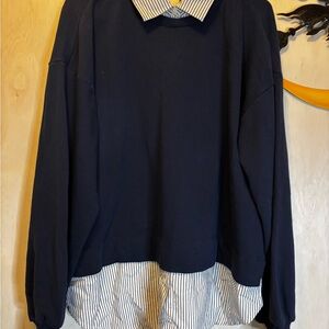 LOFT Navy and White Striped Collar Sweater